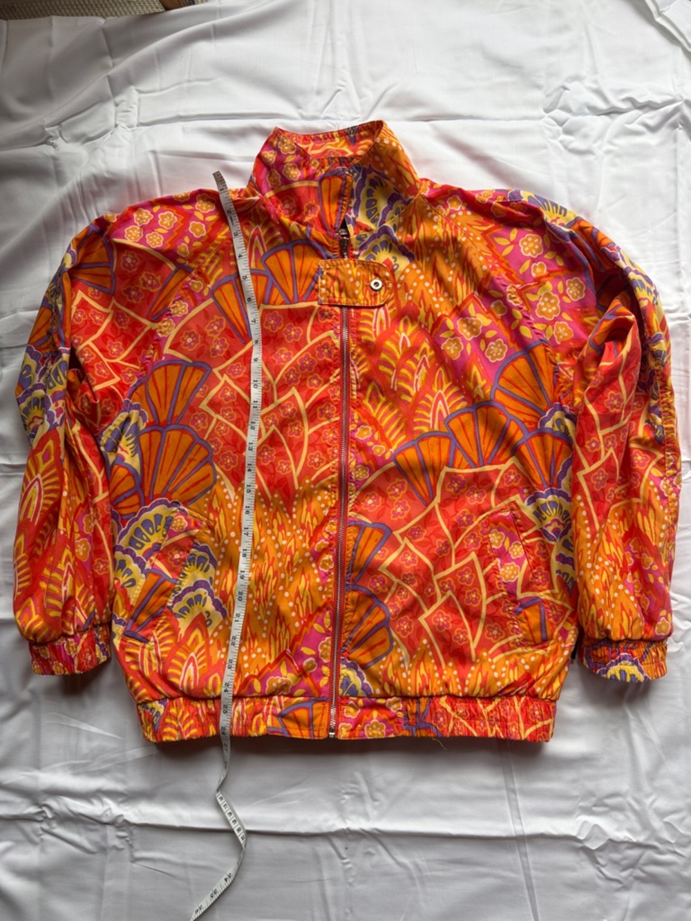Vintage Lange Vibrant Orange Pink Floral Zip Jacket